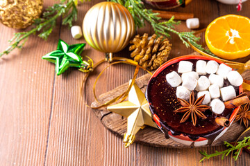 Winter hot chocolate cup with Christmas background