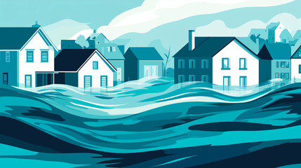 Flooded houses submerged in blue waves, illustrating the impact of a natural disaster in an urban setting