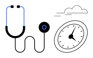 Stethoscope with coiled tubing next to an analog clock and minimal cloud outline. Ideal for healthcare, time management, medical check-ups, diagnosis, wellness, scheduling, and efficiency. A simple