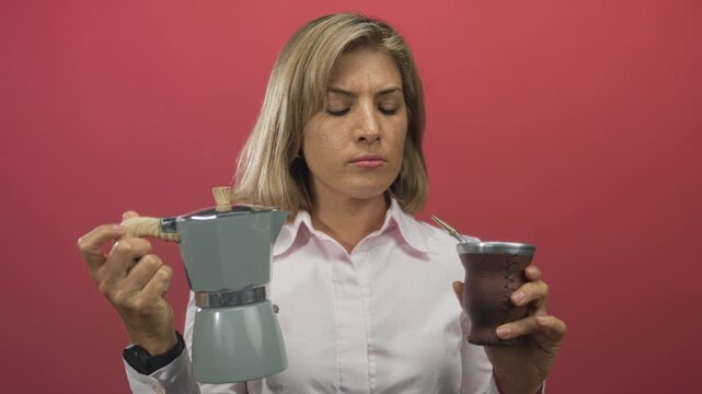 Woman frowns while holding a moka pot and a mate gourd in studio comparing beverage vessels; indecision.