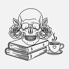 Floral Skull on Stacked Books with Coffee Cup