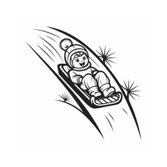 Cartoon illustration of a cheerful child sledding down snowy slope