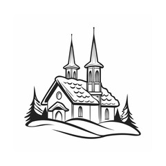 Charming countryside church building with twin spires black and white outline