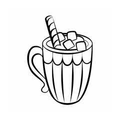 Delicious Hot Chocolate with Marshmallows and Wafer Stick Line Art