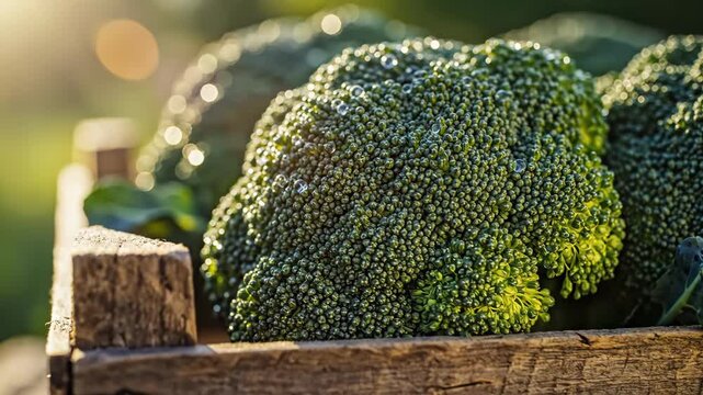 Close up of fresh green broccoli with water droplets in wooden crate in sun light, organic farm produce video