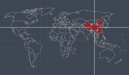 Stylish world map with China highlighted in red. Geographical illustration of the world, concept of global relations between China. World map for infographic design and business in China.