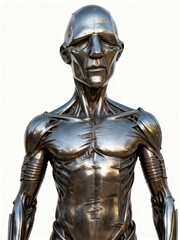 Polished geometric robotic male sculpture with faceted face and muscular body representing artificial emotion and loss of humanity