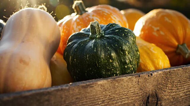 Variety of fresh squash and pumpkin in a wooden crate with warm sunlight, for autumn harvest and Thanksgiving footage