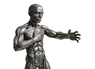 Obraz premium Anatomical metal humanoid figure with flayed muscular structure and alert stance representing loss of identity and machine embodiment