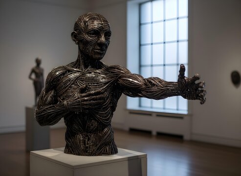 Dripping metal bust of flayed humanoid in workshop reaching out in gesture of loss representing AI erasure of thought and identity