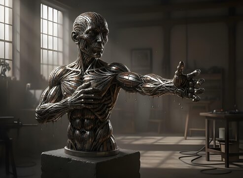 Dripping metal bust of flayed humanoid in workshop reaching out in gesture of loss representing AI erasure of thought and identity