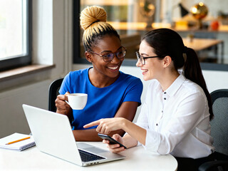 happy businesswomen sharing ideas and working in bright office environment