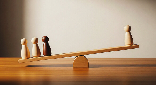 Conceptual Wooden Figures on a Seesaw Showing Imbalance and Inequality A Visual Metaphor for Social Justice, Discrimination, Bias, and Unfair Advantage