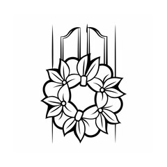 Floral Wreath on a Door Vector Illustration in Black and White