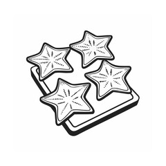 Four star fruit slices on a cutting board black and white
