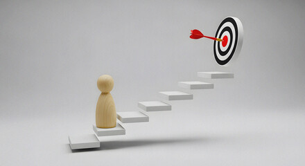 Minimalist 3D Render of a Person on a Staircase Looking Towards a Target and Bullseye, A Conceptual Image Symbolizing Goal Setting, Career Success, and Personal Achievement