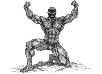 Anatomical ink drawing of muscular man with arms wide open detailed linework exposing muscle structure in symbolic open pose