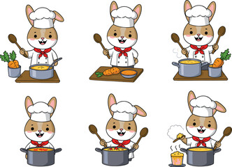 Cute bunny chef cooking soup in kitchen, cartoon rabbit wearing chef hat and apron, holding spoon, adorable cooking illustration design