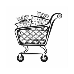 Shopping Cart Overflowing with Gifts Illustration Black and White Line Art