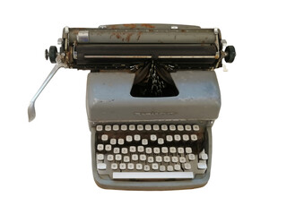 Vintage Remington typewriter on wooden desk, isolated on white background