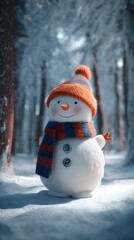 Obraz premium Joyful snowman with festive scarf and hat stands in a snowy winter forest