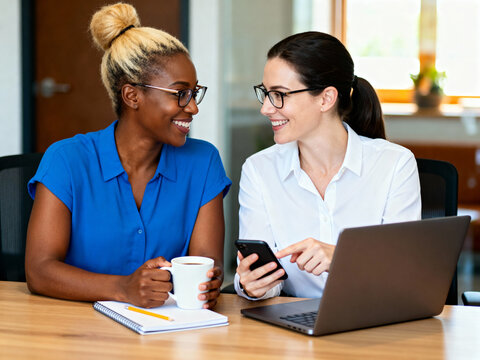 diverse female colleagues collaborating on smartphone and laptop at work - Powered by Adobe