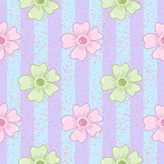 Seamless Floral Pattern with Pink and Green Flowers on Pastel Striped Background – Cute Spring Design