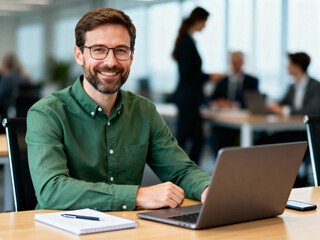 happy male office worker taking notes while using laptop computer