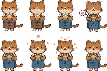 Cute barista cat cartoon character holding coffee cup with different facial expressions, kawaii style adorable illustration on white background