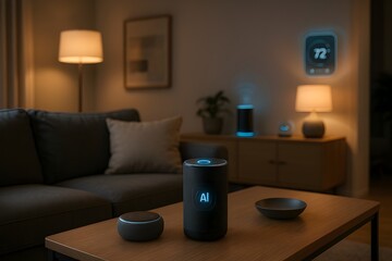 Smart Home Interior with Voice Assistant and Digital Controls