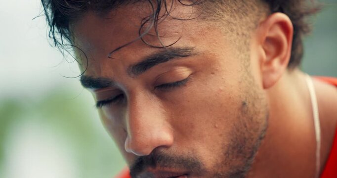 Competition, ready and sports with serious man on court for event, fitness or tournament. Determination, exercise and health with confident athlete outdoor for challenge, practice or training session