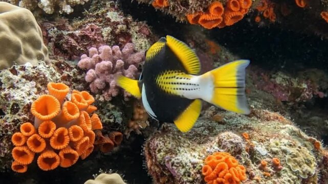 A clown triggerfish swimming in a colorful coral reef