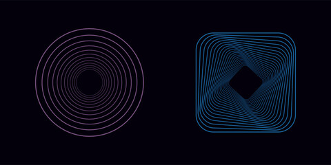 Set of twisted colored spirals. Sacred geometry. Tunnel with lines in the form of a triangle, square and pentagon. Vector geometric fractal element modern