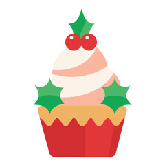 Festive Christmas cupcake vector illustration with frosting holly and berries decoration