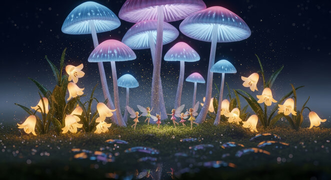 Fairies dancing in a magical forest with glowing mushrooms and flowers at night time scene illustration