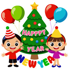 Fototapeta premium Kids celebrating New Year around a Christmas tree with colorful balloons on white background