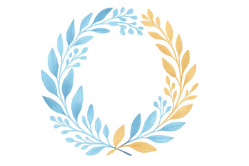 Obraz premium Watercolor wreath with blue and gold leaves forming a circular frame, botanical ornament on transparent background