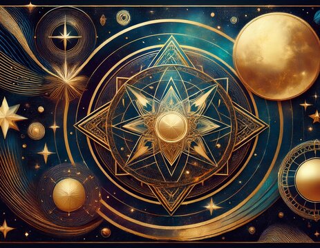 cosmic themed abstract background with gold metallic foil and marbled textures incorporating sacred geometry motifs with stars and planets