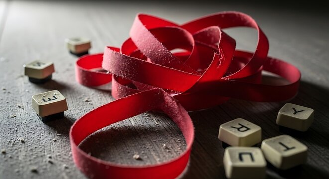 Dynamic Red Ribbon  Scattered Letter Cubes on Textured Wood, Dramatic Light.