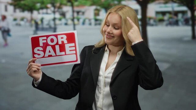 Woman holding a 'for sale' sign in a bustling city street with a playful gesture, conveying a creative message in an urban business context outdoors.