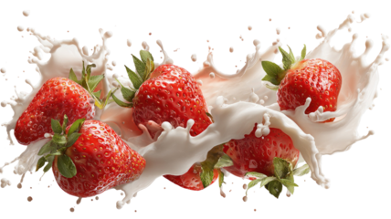 fresh strawberries with milk splash isolated on white background juicy red berries in creamy dairy liquid motion splash concept