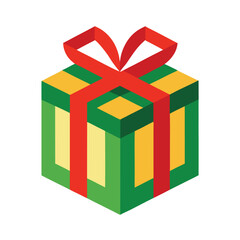 Isometric gift box illustration with red ribbon and colorful package design