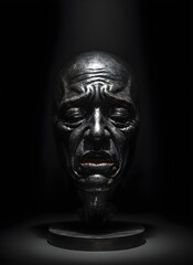 Obraz premium Metallic human face sculpture with distressed expression representing emotional suffering and technological dominance on black background
