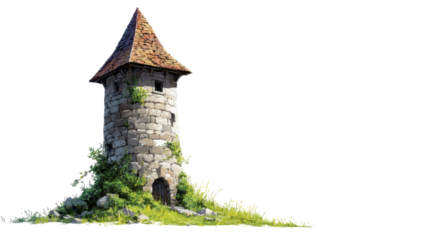 ancient stone tower with peaked roof medieval architecture historic lookout fortress building old structure isolated on white background