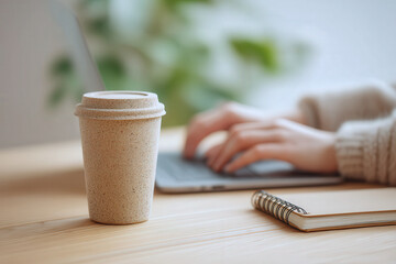 Eco-friendly coffee cup on wooden desk with hands typing on laptop in cozy home office