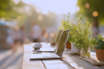 Outdoor eco coworking scene with laptops and green plants on wooden table in warm evening light