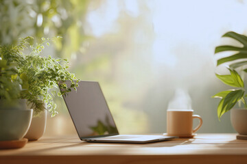 Eco-friendly home office with laptop, steaming coffee mug and indoor plants in soft morning light