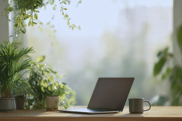 Laptop and coffee mug on wooden desk with green indoor plants in soft daylight