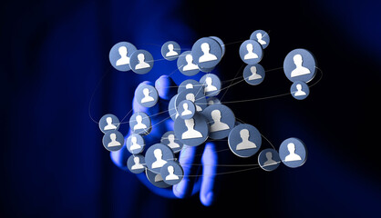 Abstract network of people icons on a hand, global connection, social media concept, technology, modern concept. Digital communication