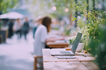 Outdoor coworking scene with laptop, green plants and blurred people in natural daylight
